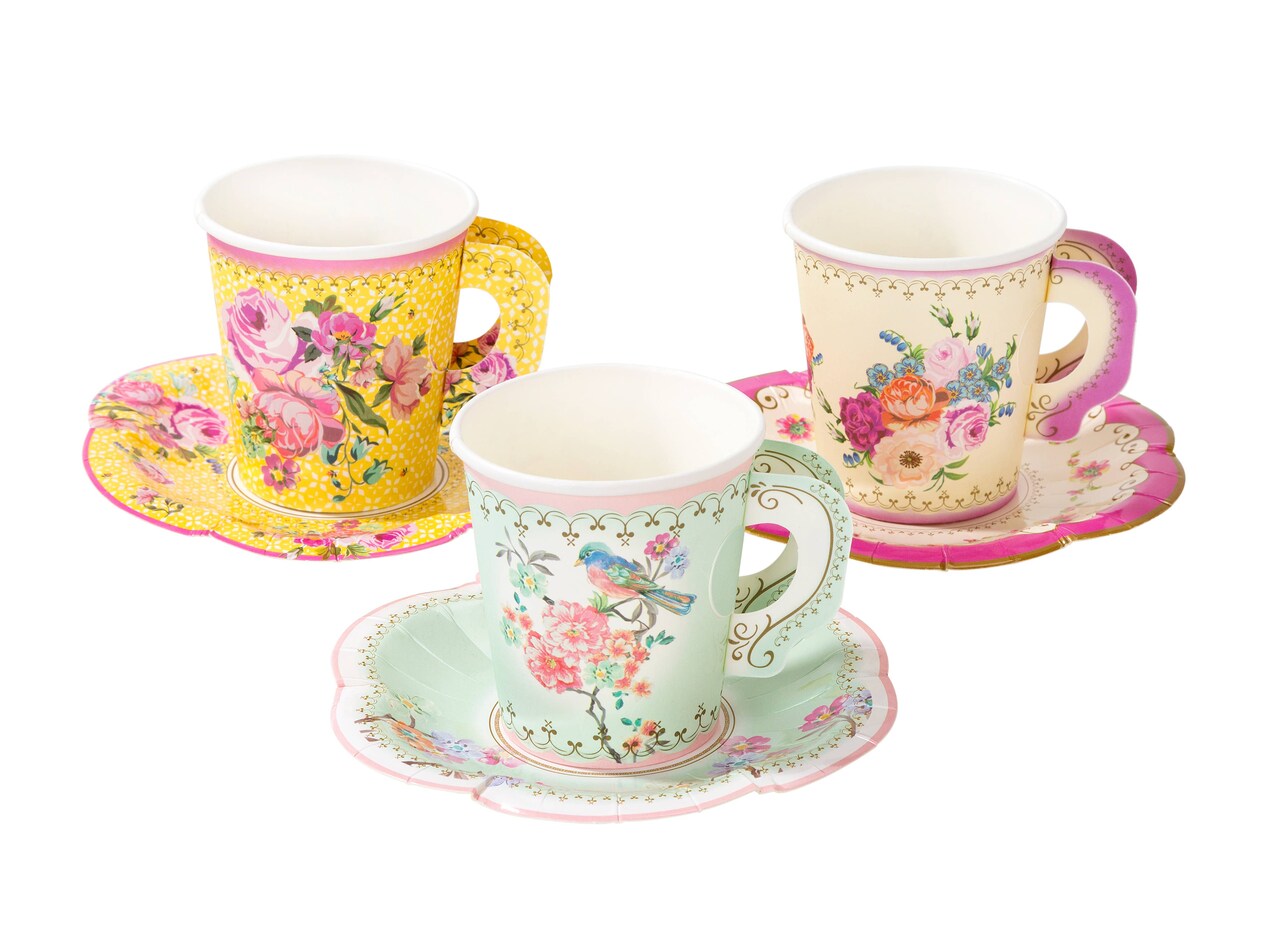 Floral Paper Teacups with Saucers – Set of 12 for Tea Party Decor